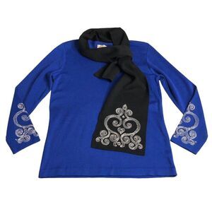 Vintage Ann Wi Sweater Womens S Blue Beaded Geometric Wool Blend Attached Scarf